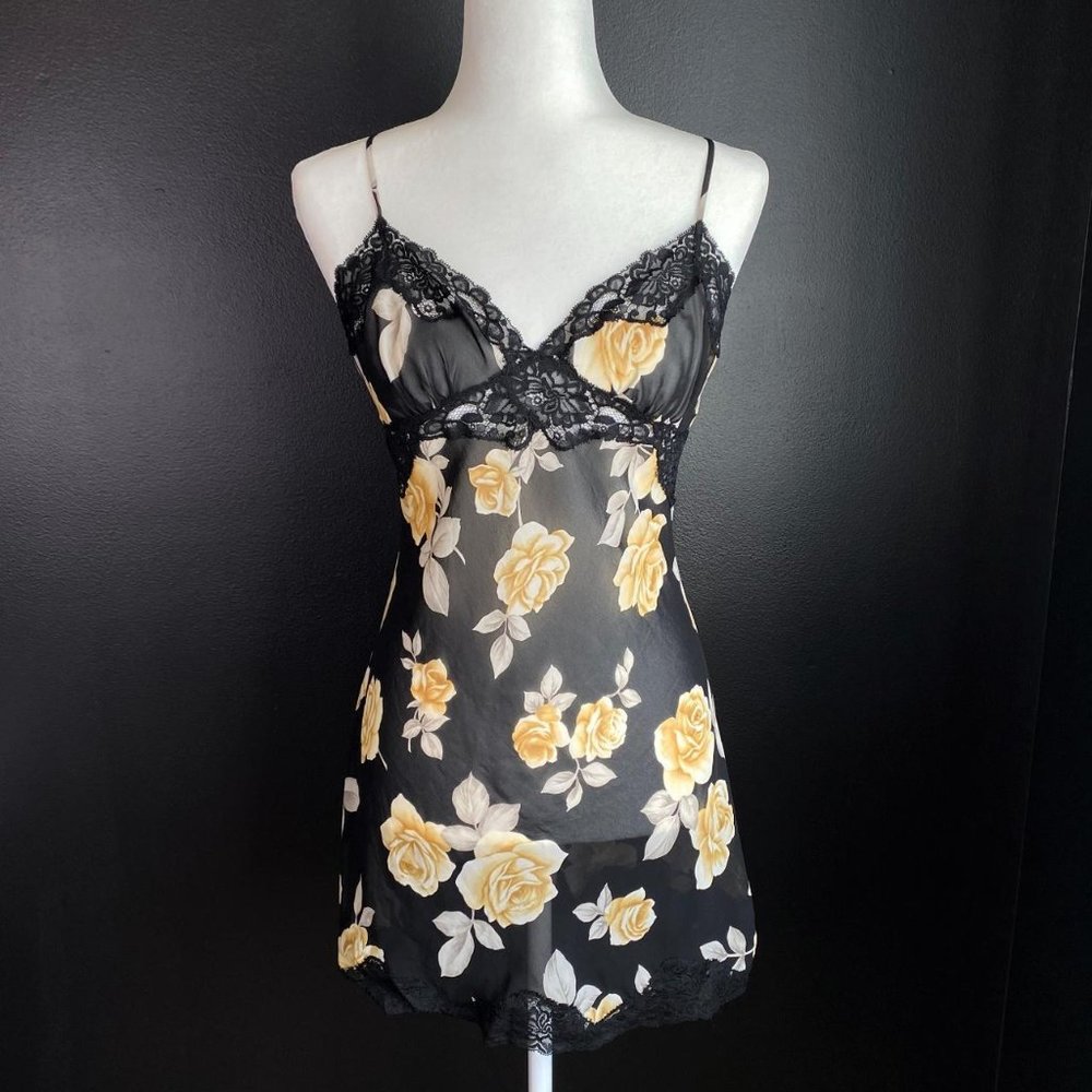 Vintage 90s Black Lace Sheer Cream Floral Chemise Mini Dress